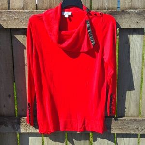 Red sweater w/leather like trim. Buttons on shoulder & sleeve. 18/20